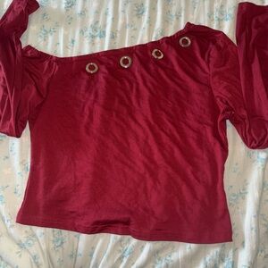 Off-Shoulder Grommet Accent Crop Top in Deep Red